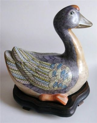 Antique Chinese Figural Duck With Wooden Stand