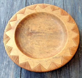 Lombok Indonesia Round Hand Hewn Carved Wood Large Bowl W/ Rattan Rim,  15 ½”