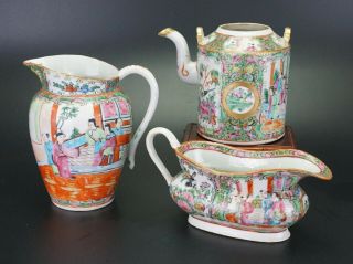 Group Antique Chinese Canton Famille Rose Porcelain Teapot Water Gravy Jug 19thc