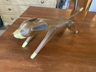 Signed 1990 Roy Minshew Folk Art Carved Wood Sprinting Dog Figure,  13 "