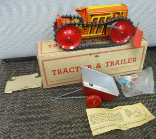 Vintage Marx Tin Wind Up Crawler Tractor & Trailer