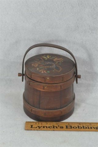 Firkin Small Wooden Bucket Lid Bail 5 In.  Unusual Antique