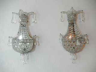C 1940 French Crystal Beaded Basket Prisms Mirrors Sconces Rare