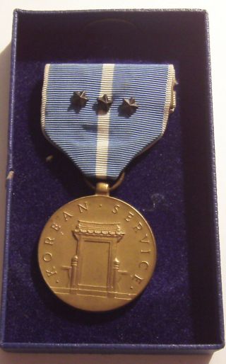Vintage 1955 U.  S.  Korean Service Military Medal Maco 3 Battle Stars & Bar