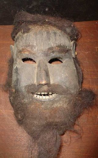 Vintage Nagaland Headhunters Wooden Mask With Buffalo Hair