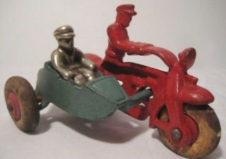 Old Vintage Hubley Cast Iron Cop Motorcycle & Sidecar W/ Nickel Plated Passenger