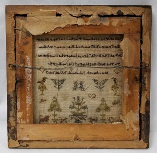 Early 1812 Antique Sampler in Rosewood Frame Dogs Cats Birds 