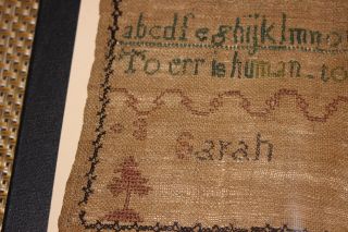 Antique Colonial Sampler - Sarah - Newark Museum NJ - Framed - to err is human to forgiv 7