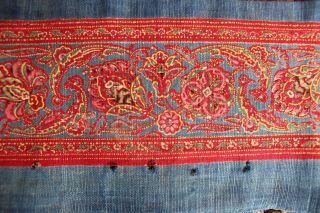 French Antique C1830 - 40 Indigo & Turkey Red Hand Blocked Border Fabric L43xw5 "