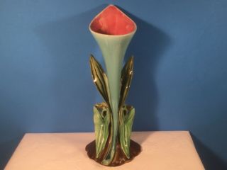 Antique Majolica Calla Lily Trumpet Flower & Leaf Bud Vase,  Fm1295