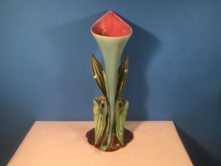 Antique Majolica Calla Lily Trumpet Flower & Leaf Bud Vase,  fm1295 2