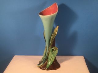 Antique Majolica Calla Lily Trumpet Flower & Leaf Bud Vase,  fm1295 6