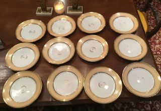 12 Old Paris Porcelain Dinner Plates Set Gold And Beige W/mono 1828 - 1833,  9”