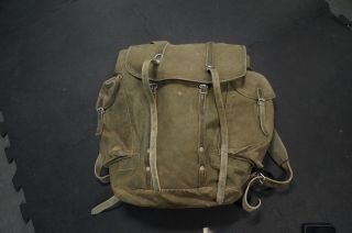 Vintage Leather & Canvas Rucksack Military Army Field Back Pack Olive Green