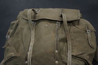 Vintage Leather & Canvas Rucksack Military Army Field Back Pack Olive Green 4