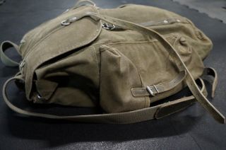 Vintage Leather & Canvas Rucksack Military Army Field Back Pack Olive Green 7