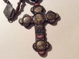 Strange Beaded Micro Mosaic Cross Necklace With 5 Covered Photos