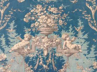 19th Century French Blue Background Fabric Cherubs - Doves Linen/cotton 33 X 84 "