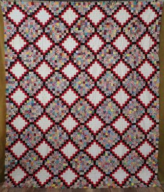 Incredible Large Vintage 30s Red & Black Feedsack Irish Chain Quilt Top 99x75