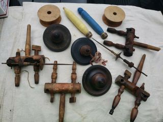 Antique Wood Spinning Wheel Parts Head Tightener,  Pulleys,  & More Primitive
