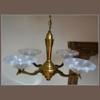 Antique 1930 French Art Deco Opalescent Glass Shades Ceiling Light Chandelier