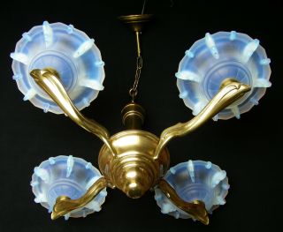 ANTIQUE 1930 FRENCH ART DECO OPALESCENT GLASS SHADES CEILING LIGHT CHANDELIER 2