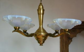 ANTIQUE 1930 FRENCH ART DECO OPALESCENT GLASS SHADES CEILING LIGHT CHANDELIER 5