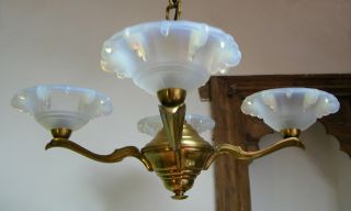 ANTIQUE 1930 FRENCH ART DECO OPALESCENT GLASS SHADES CEILING LIGHT CHANDELIER 6