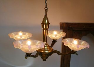 ANTIQUE 1930 FRENCH ART DECO OPALESCENT GLASS SHADES CEILING LIGHT CHANDELIER 7