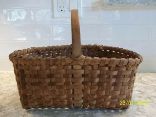 Antique Primitive 12 " Rectangular Handmade Market Basket Bent Wood Handle