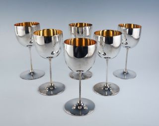 Vintage Set 6 Italian Mid Century Modern 800 Silver Gold Gw Wine Goblets