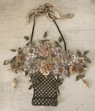 Antique Large Metallic Thread Bullion Flower Basket French Ribbon Work 16” X 14”