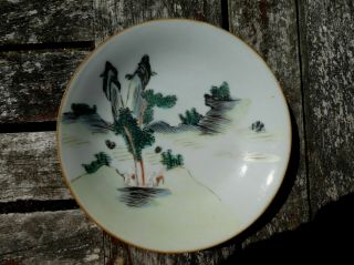 Antique Chinese Famille Verte Porcelain Landscape Saucer Dish Qianlong Mark