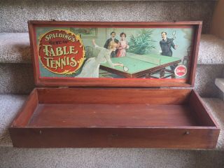 Antique 1890 Spalding Game Table Tennis Lithograph Wood Box Ping Pong