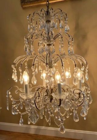 Antique French Italian Crystal Macaroni Beaded Waterfall Cascading Chandelier