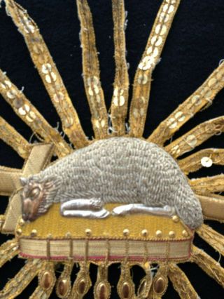 Antique Catholic Religious Holy Lamb Gold Metallic Needlework Embroidered 4