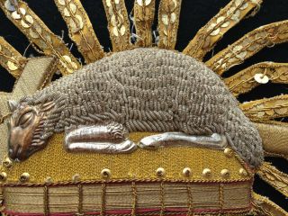 Antique Catholic Religious Holy Lamb Gold Metallic Needlework Embroidered 5
