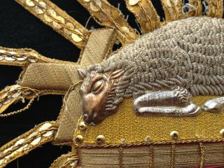 Antique Catholic Religious Holy Lamb Gold Metallic Needlework Embroidered 6