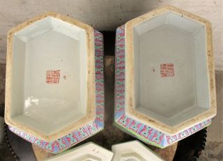 Pair Antique Chinese Porcelain Famille Rose Hexagonal Square Vases 10