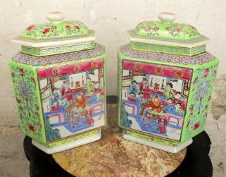 Pair Antique Chinese Porcelain Famille Rose Hexagonal Square Vases