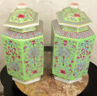 Pair Antique Chinese Porcelain Famille Rose Hexagonal Square Vases 2