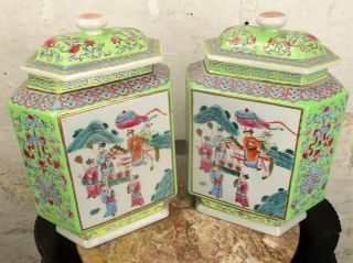 Pair Antique Chinese Porcelain Famille Rose Hexagonal Square Vases 3