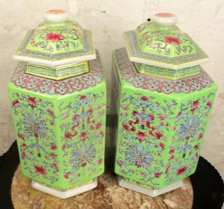 Pair Antique Chinese Porcelain Famille Rose Hexagonal Square Vases 4