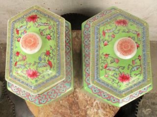 Pair Antique Chinese Porcelain Famille Rose Hexagonal Square Vases 7