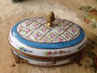 Large Rare 8.  5 " Antique French Hinged Hand Painted Porcelain Jewelry Box