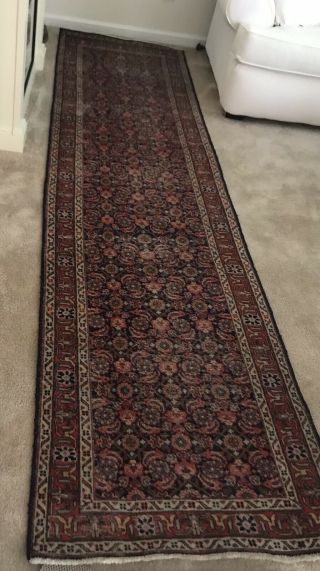 Antique Hand Knotted Persian 100 Wool Runner 10.  7” X 2.  8”