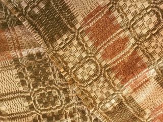 Antique Woven Wool Coverlet Olive Green & Natural Brown Bronze 84 x 95 