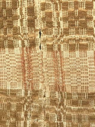 Antique Woven Wool Coverlet Olive Green & Natural Brown Bronze 84 x 95 