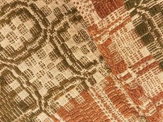 Antique Woven Wool Coverlet Olive Green & Natural Brown Bronze 84 x 95 