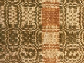 Antique Woven Wool Coverlet Olive Green & Natural Brown Bronze 84 x 95 